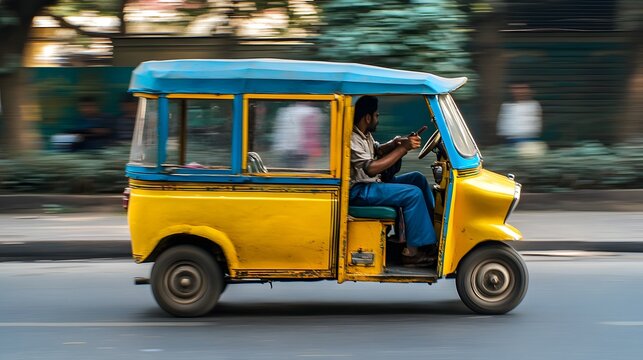 A vibrant yellow auto rickshaw speeds through a city street, showcasing urban transportation in motion. 