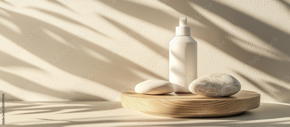 Poster white bottle with a dispenser for a cosmetic product placed on a wooden stand accompanied by natural