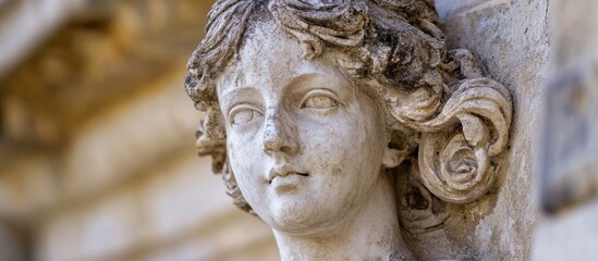Fototapeta premium Antique sculpture on the pedestal well preserved artistic figure exterior decorative features vintage. with copy space image. Place for adding text or design