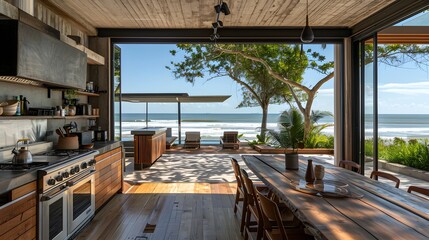 A modern, open-concept kitchen with a stunning ocean view, featuring wooden furnishings and abundant natural light. 