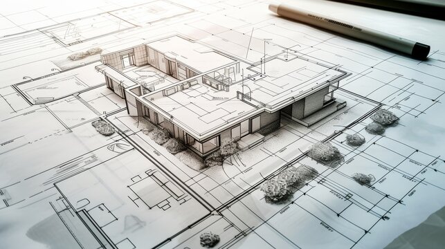 Detailed architectural blueprint of a modern house, showcasing floor plans, elevations, and landscape elements. Ideal for architects and home design enthusiasts.