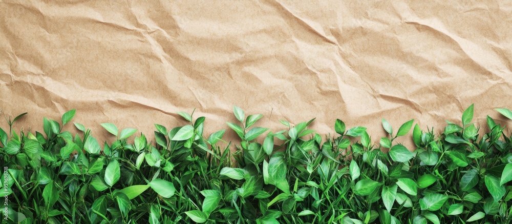 Aufkleber creative backdrop made from craft paper on green natural grass the idea of ecological products and n