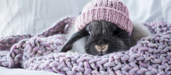 A cute black lop eared pet rabbit is resting alone on a gray pillow beneath a white knitted cap set against a purple background. with copy space image. Place for adding text or design
