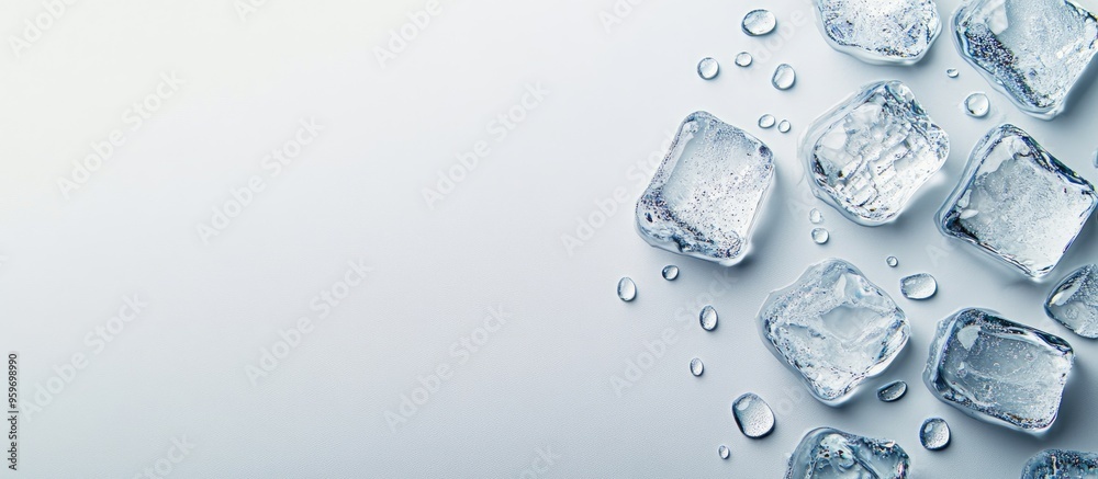 Aufkleber Melting ice cubes and water droplets on a light grey background flat lay Room for text. with copy space image. Place for adding text or design