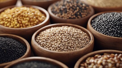 Obraz premium Assorted Grains and Seeds in Wooden Bowls Displayed in a Rustic Setting