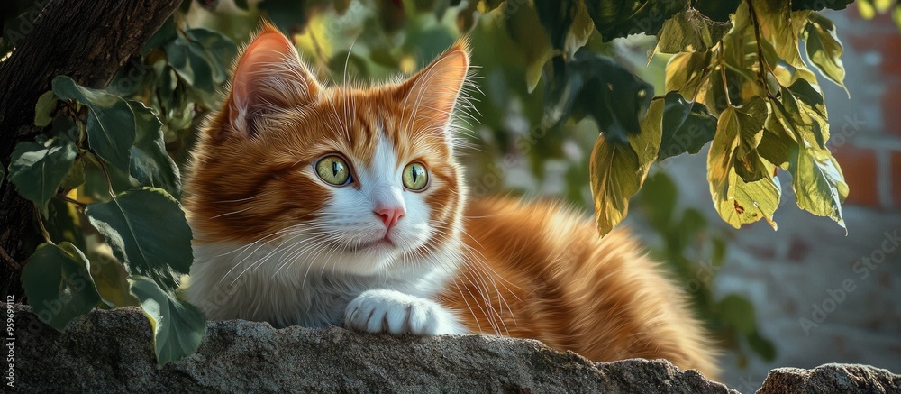 Poster a close up of a cute red and white cat set against a background of tree branches with green leaves f