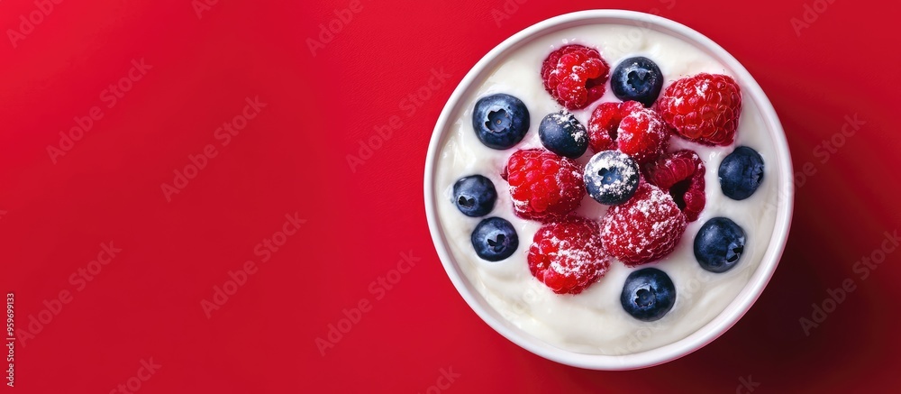 Aufkleber a bowl of yogurt topped with raspberries blueberries and powder set against a red background. with c