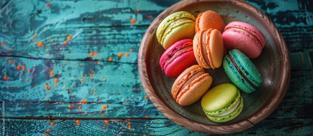 Poster Multicolored macarons on a plate resting on green wooden boards arranged side by side on the surface with copy space