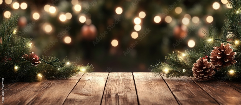 Poster Vacant wooden tabletop for showcasing products against a Christmas themed backdrop of fir branches and lights. with copy space image. Place for adding text or design