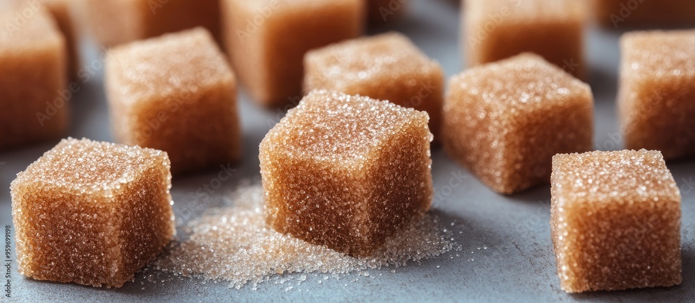 Aufkleber Close up of brown sugar cubes on a grey table. with copy space image. Place for adding text or design