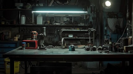 Fototapeta premium A dimly lit workshop featuring an industrial workbench cluttered with various tools and equipment. The scene is illuminated by overhead lighting, casting a focused glow on the work surface, evoking a