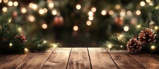 Vacant wooden tabletop for showcasing products against a Christmas themed backdrop of fir branches and lights. with copy space image. Place for adding text or design