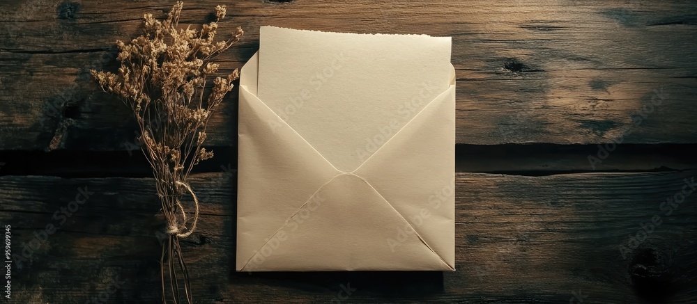 Poster empty paper next to an envelope and a dried flower on a wooden board. with copy space image. Place for adding text or design