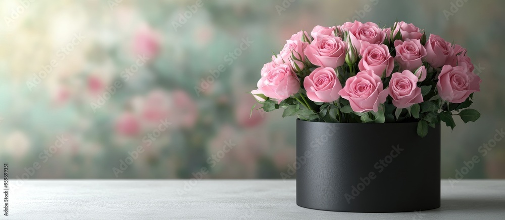 Aufkleber A bouquet of pink rose flowers sits in a black round box on a pristine table. with copy space image. Place for adding text or design