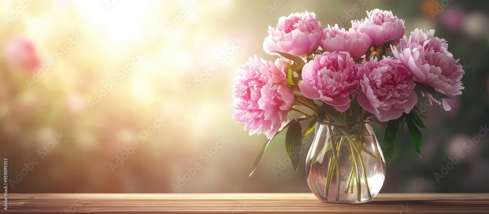 Poster a vase of pink peonies on a wooden table valentine s day gift. with copy space image. place for addi