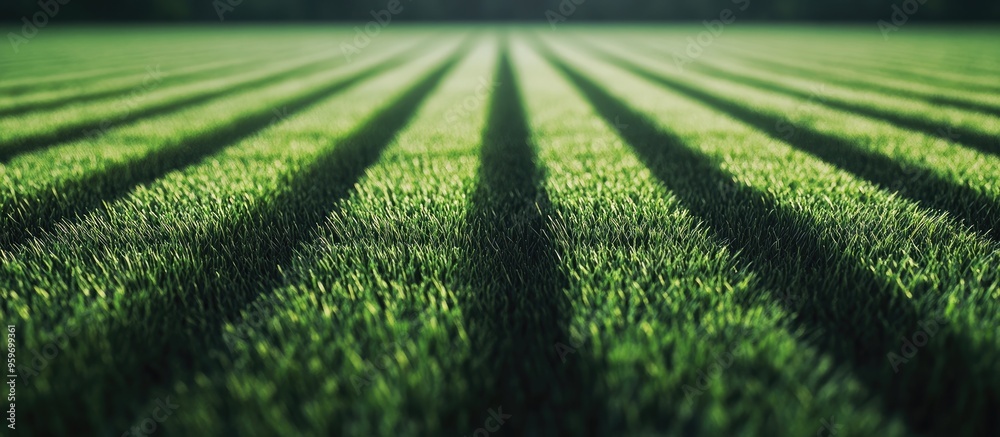 Poster striped texture of a soccer football grass field background with copy space