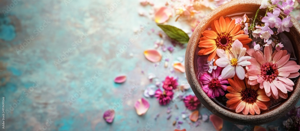 Poster SPA and aromatherapy kit featuring flowers filtered photo. with copy space image. Place for adding text or design