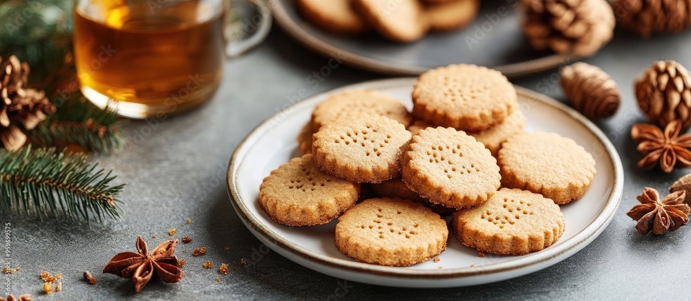 Poster homemade shortbread cookies featuring ginger and honey on a plate on the table close up tasty fragra