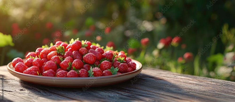 Leinwandbilder ripe red wild strawberries on a plate on a wooden table outside. with copy space image. place for ad
