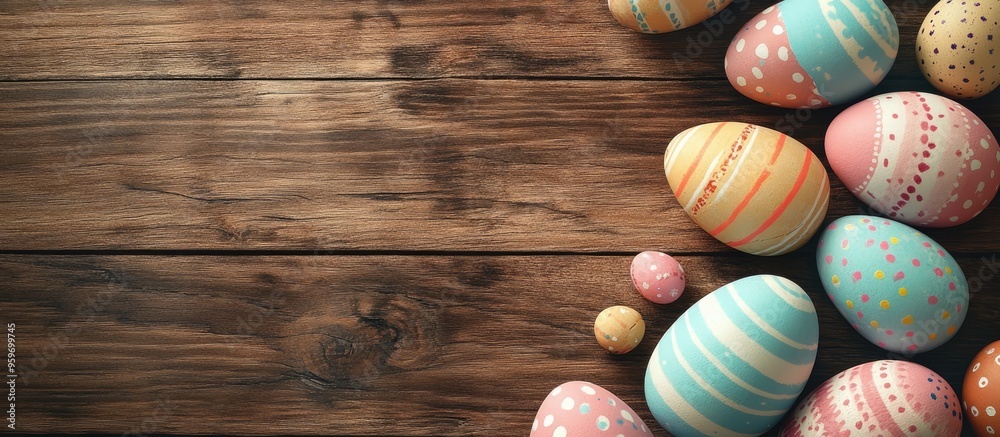 Poster Easter greeting card featuring colorful Easter eggs on a wooden background Top view flat lay with room for your greetings. with copy space image. Place for adding text or design