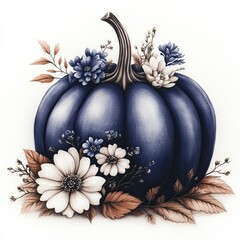 Blue pumpkin with white flowers autumn decor, Beautiful watercolor illustration of a blue pumpkin adorned with white flowers and autumn leaves, creating an elegant fall decoration.
