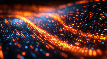 Abstract glowing digital wave pattern with blue and orange light points, representing data flow, technology, and futuristic design