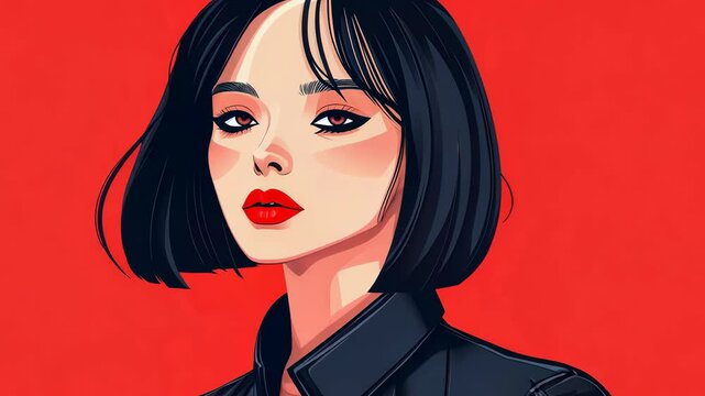 Trendy minimalistic girl with a bob cut, red lips, and black jacket, set against a vibrant red backdrop.