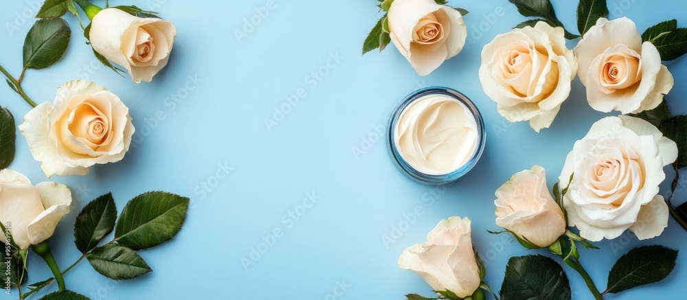 Aufkleber creams and roses on a blue background. with copy space image. Place for adding text or design