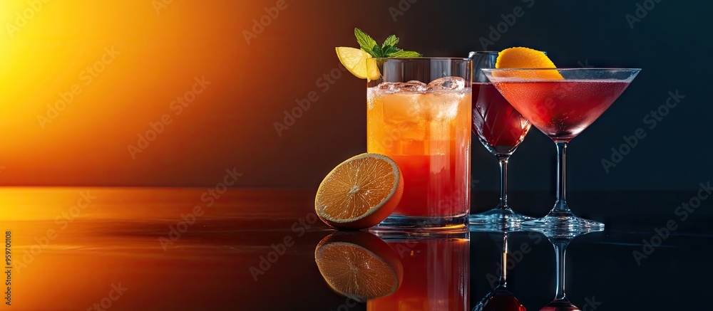 Poster alcoholic cocktails on a reflective surface. with copy space image. place for adding text or design