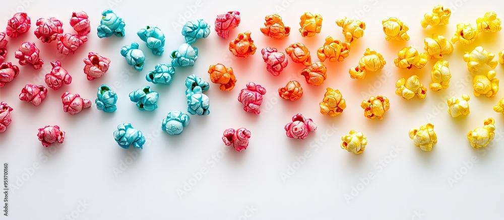 Poster colored popcorn set against a white background. with copy space image. Place for adding text or design