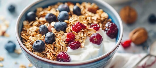 Muesli bowl with organic ingredients for a healthy breakfast Granola nuts blueberries cranberries oatmeal Greek yogurt and whole grain flakes on a white table. with copy space image