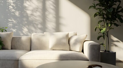 A cozy living room scene featuring a light beige sofa adorned with plush pillows, bathed in soft natural light from nearby windows, creating a serene atmosphere. 