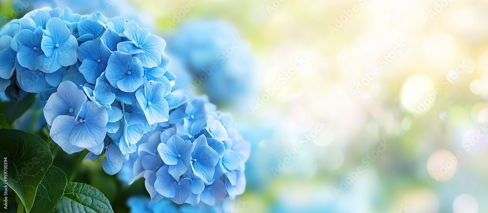 Leinwandbilder vibrant blue hydrangea bloom in the garden. with copy space image. place for adding text or design