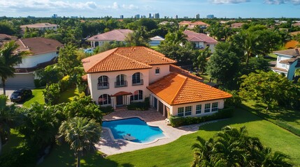 A stunning aerial view of a luxurious waterfront villa surrounded by lush greenery and a sparkling pool. 
