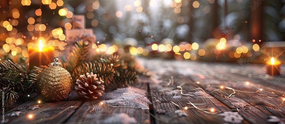 Poster christmas decor on wooden surface. with copy space image. place for adding text or design