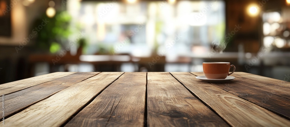 Poster selected focus on an empty brown wooden table with a blurred background of a coffee shop or restaura