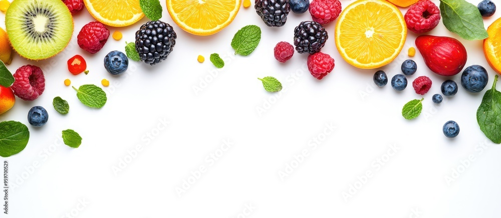 Aufkleber vibrant summer fruits border a white background from a top view with copy space