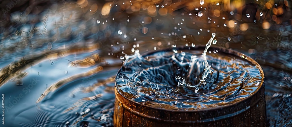 Poster Blue and brown water spouting from a barrel. with copy space image. Place for adding text or design