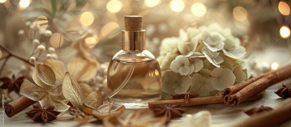 Poster glass perfume bottle with a skein of flagellum a hydrangea branch cinnamon sticks and anise stars against a beige background. with copy space image. Place for adding text or design