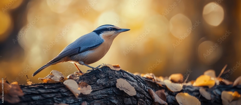 Poster Eurasian Nuthatch Sitta europaea in autumn perched on a tree trunk. with copy space image. Place for adding text or design