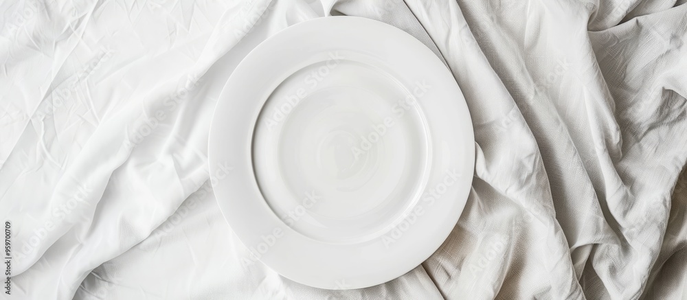 Aufkleber Top view of an empty round white plate on a colored background tablecloth suitable for food Blank dish on a napkin with room for your design. with copy space image. Place for adding text or design