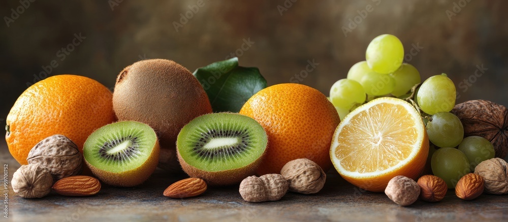 Aufkleber A variety of fresh fruits and nuts on a wooden table close up Tangerine kiwi grape apple sweetie lemon feijoa selective focus. with copy space image. Place for adding text or design
