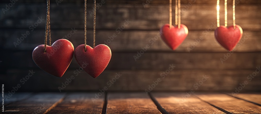 Fototapete Concept of love Hearts hanging from a string captured against a wooden backdrop. with copy space image. Place for adding text or design