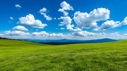 Lush Green Meadow with Blue Sky and Fluffy Clouds