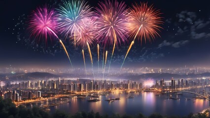 Fototapeta premium fireworks over the bright city