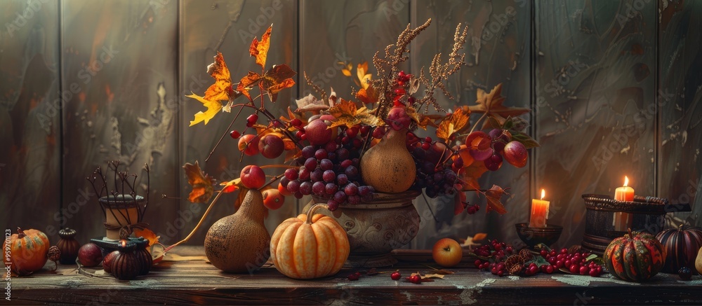 Aufkleber Autumn Still Life on a Vibrant Rustic Background. with copy space image. Place for adding text or design