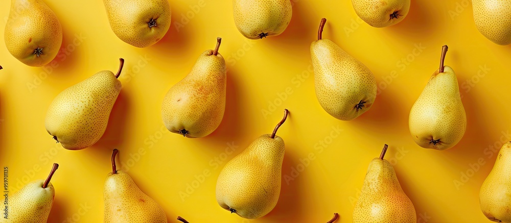 Poster yellow pears pattern close up of a pear against a yellow background autumn fruit idea featuring ripe