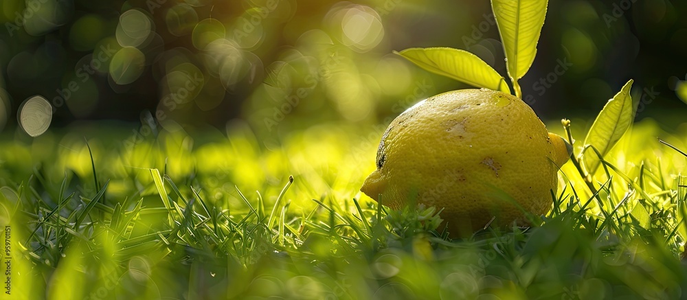 Leinwandbilder Fresh lemon on green grass. with copy space image. Place for adding text or design