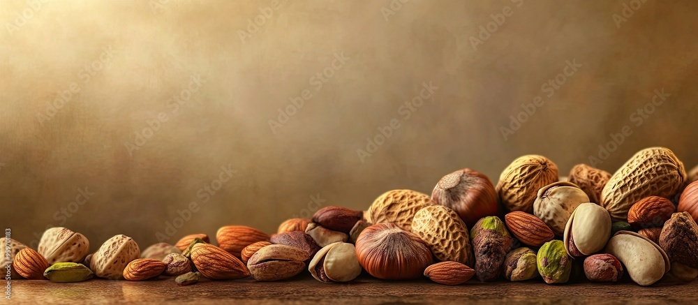 Poster collection of nuts including hazelnuts almonds pistachios and cashews. with copy space image. place 