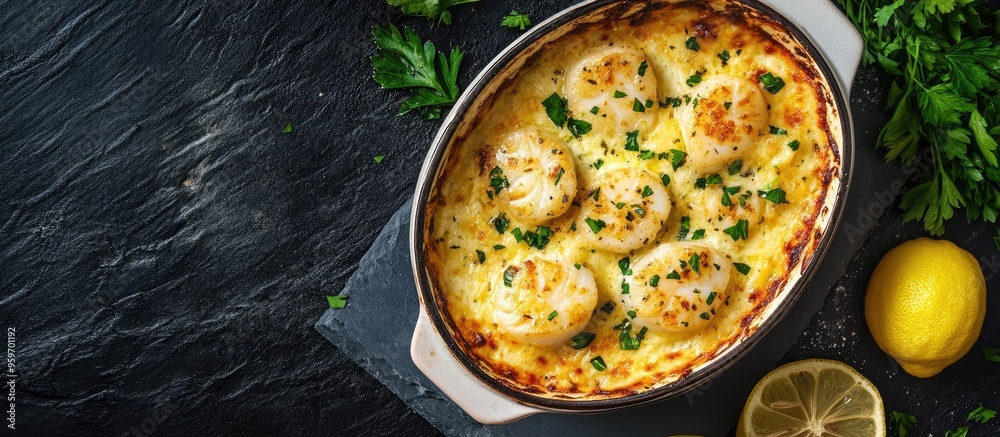 Aufkleber scallops au gratin baked in the oven with parsley and lemon. with copy space image. place for adding